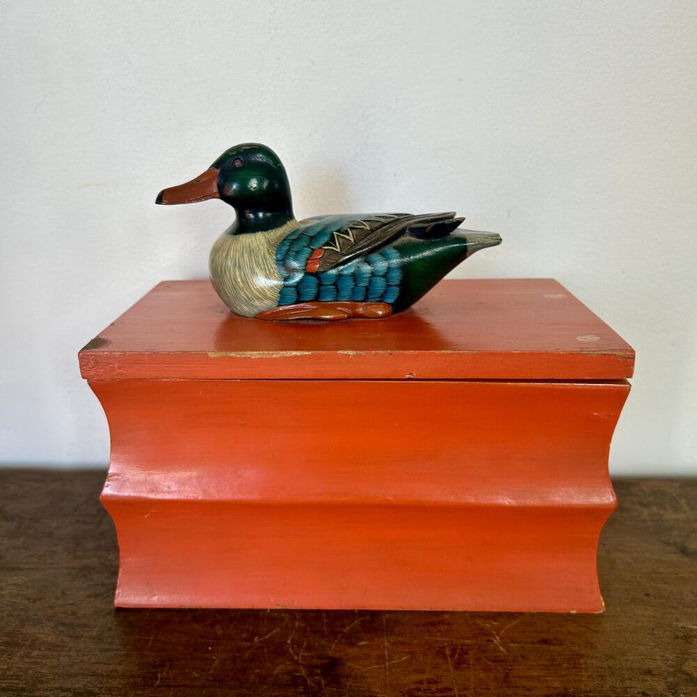 1960s Hand-Painted Wooden Mallard Box | Mid Century Duck Jewelry Keepsake Box